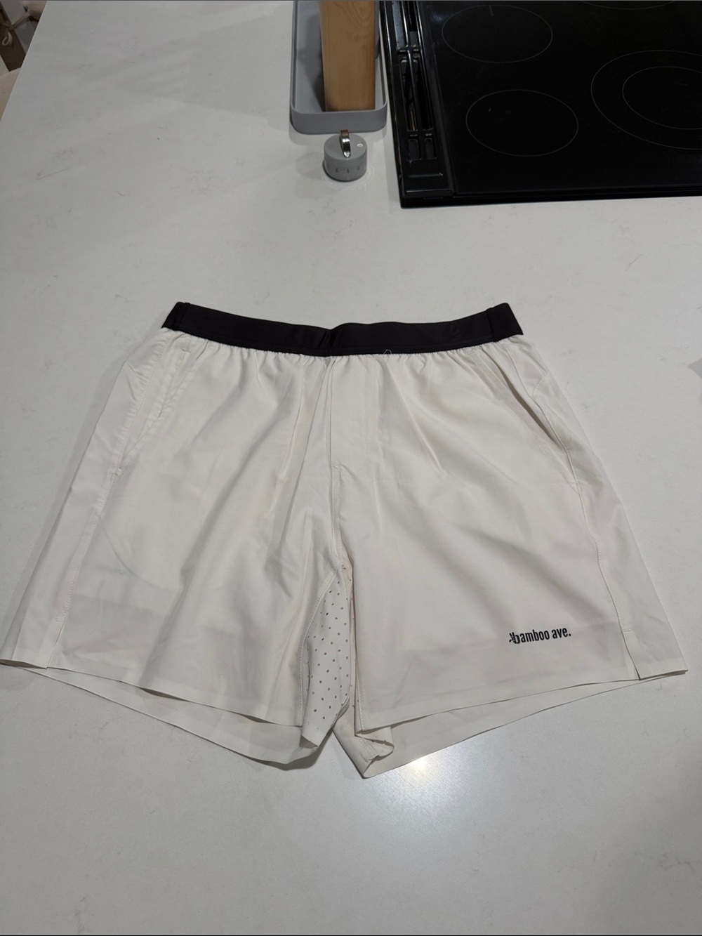 BAMBOO Men's Cream Athletic Shorts with Black Waistband